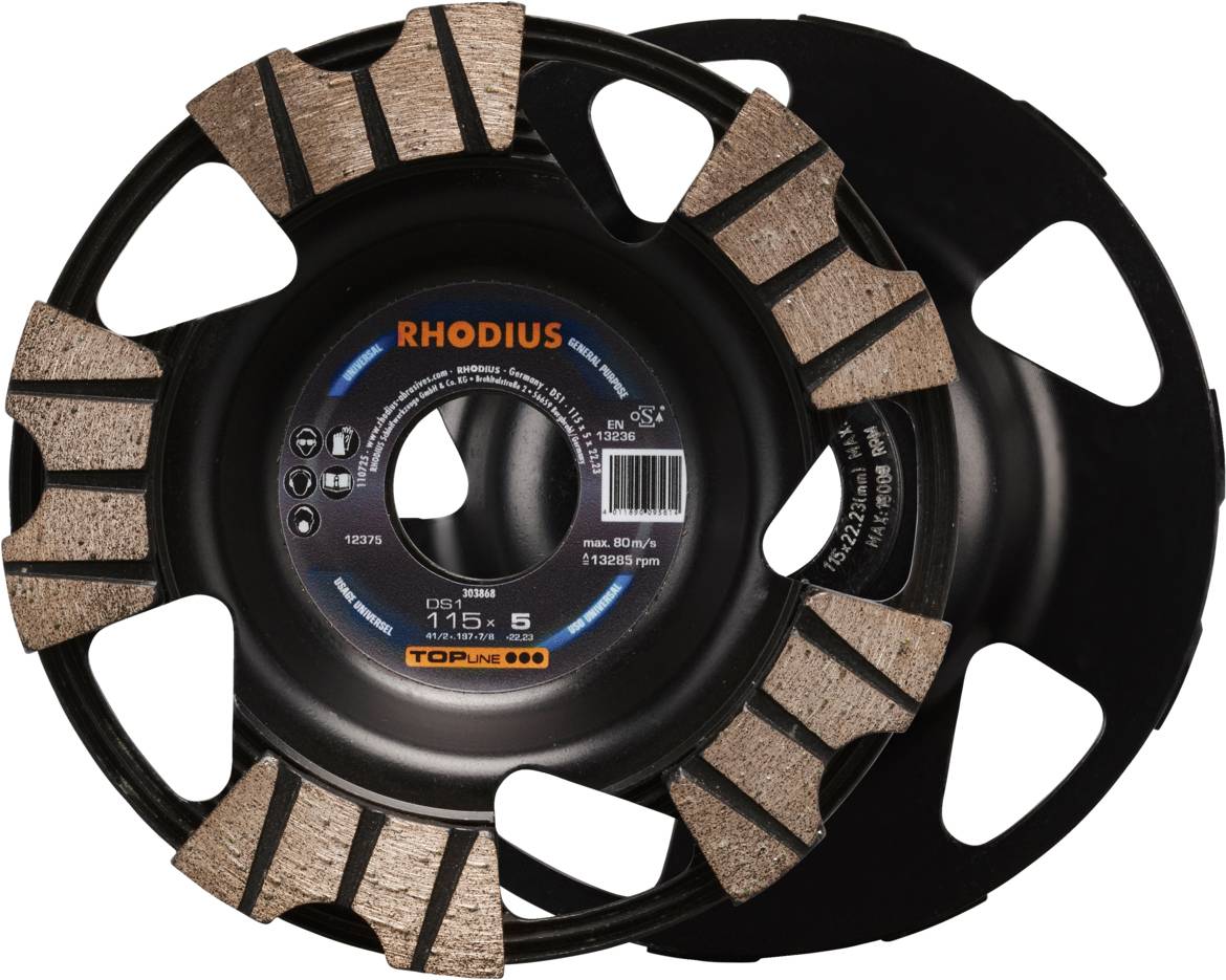Rhodius 303868 DS1, Diamantschleiftopf 115 x 5,0 x 8,0 x 22,23 mm, Diamantschleiftopf, TOPline, Made in Germany, für Beton DS1 1 S