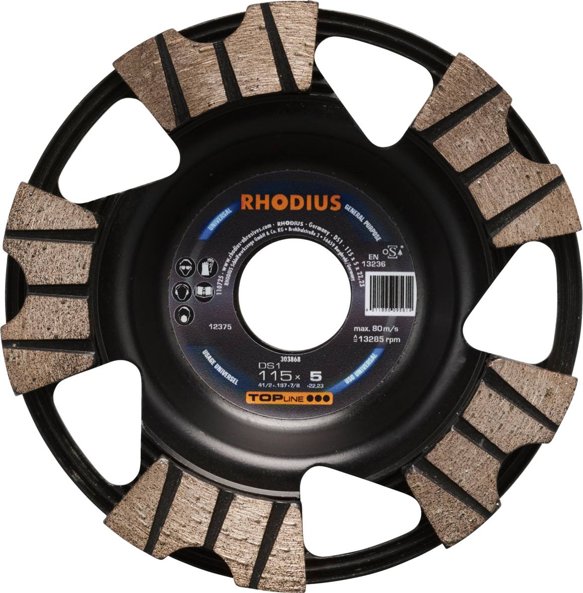 Rhodius 303868 DS1, Diamantschleiftopf 115 x 5,0 x 8,0 x 22,23 mm, Diamantschleiftopf, TOPline, Made in Germany, für Beton DS1 1 S