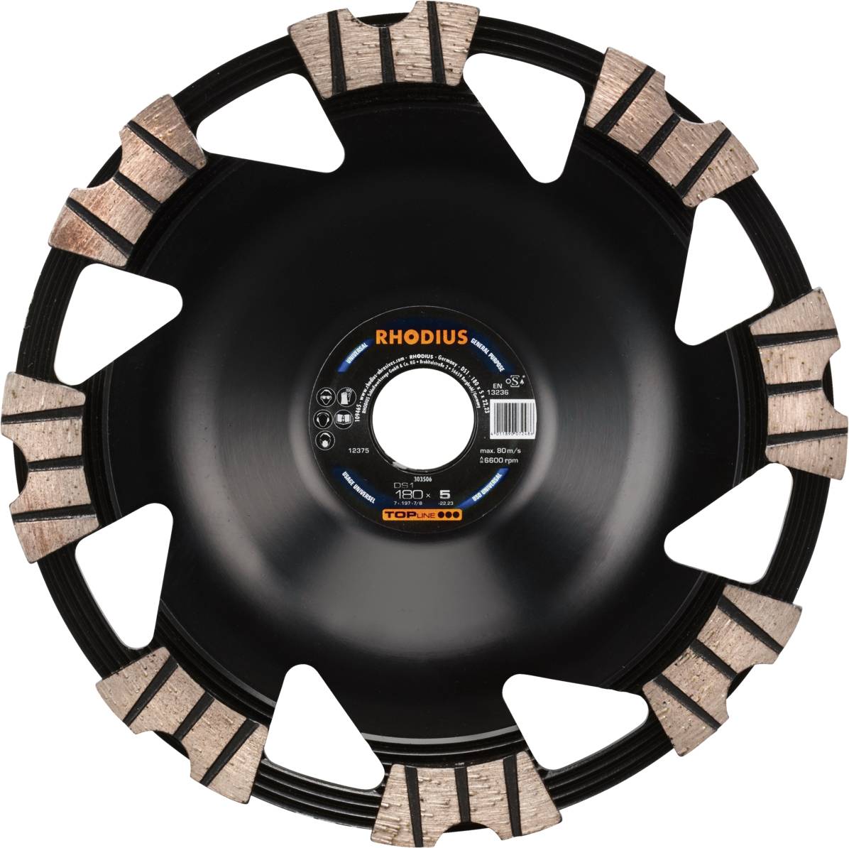 Rhodius 303506 DS1, Diamantschleiftopf 180 x 5,0 x 8,0 x 22,23 mm, Diamantschleiftopf, TOPline, Made in Germany, für Beton DS1 1 S