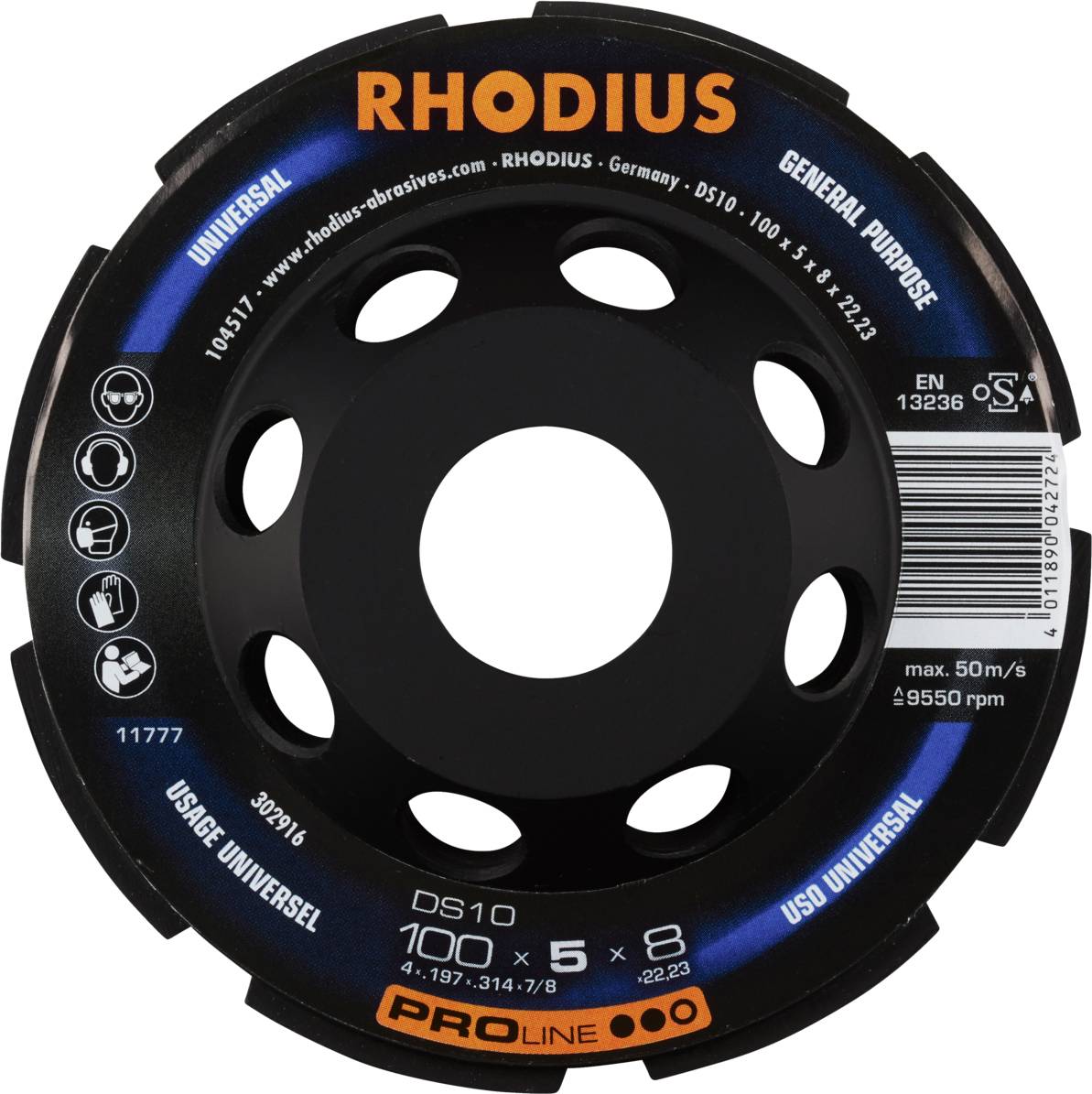 Rhodius 302916 DS10, Diamantschleiftopf 100 x 5,0 x 8,0 x 22,23 mm, Diamantschleiftopf, PROline, für Beton DS10 1St.