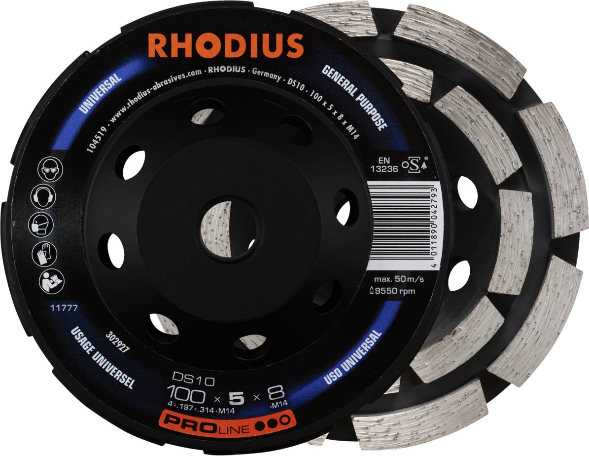 Eine schwarze Schleifscheibe mit silbernen Segmenten und roten Aufschriften. Markenname 'RHODIUS' oben auf der Scheibe.
