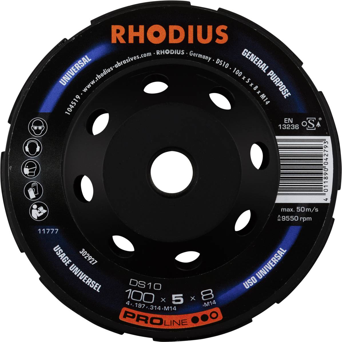 Rhodius 302927 DS10, Diamantschleiftopf 100 x 5,0 x 8,0 x M14 mm, Diamantschleiftopf, PROline, für Beton DS10 1St.