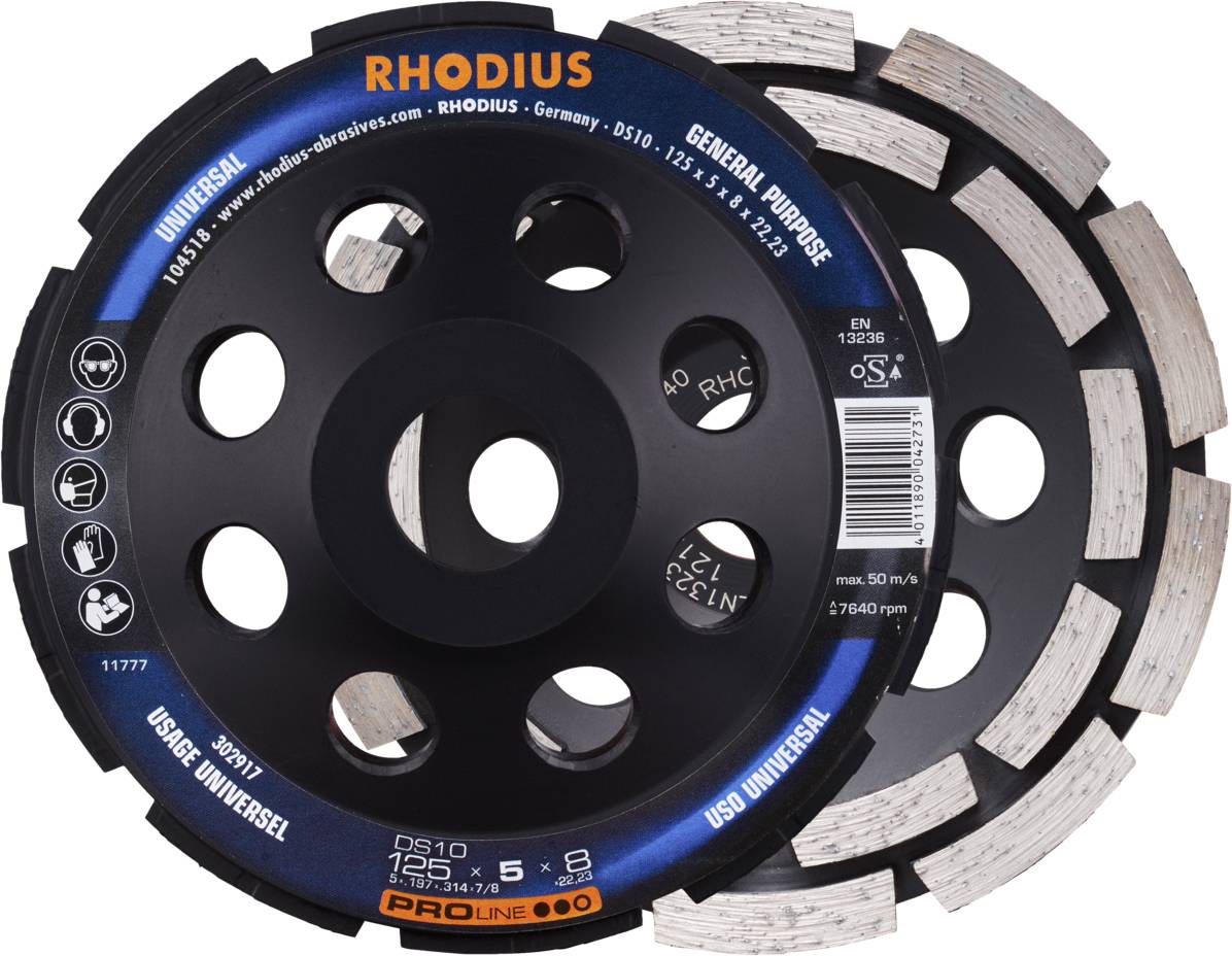 Zwei schwarze Schleifscheiben mit silbernen Schneidezähnen. Aufdruck: 'RHODIUS', 'UNIVERSAL', 'GENERAL PURPOSE', 'PROLINE'.