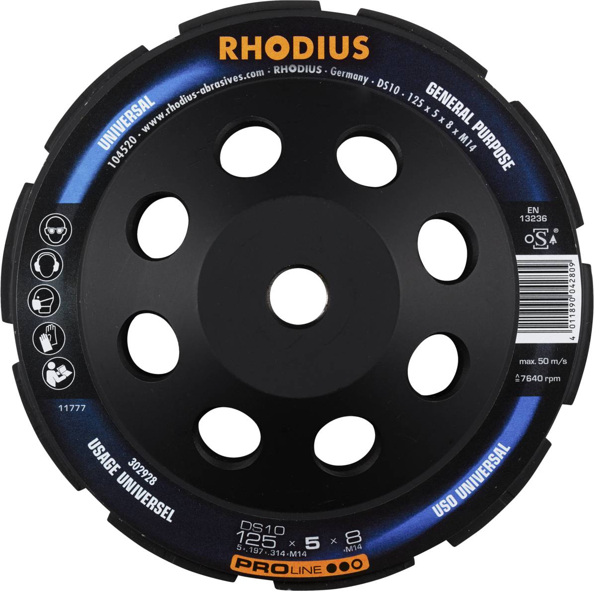 Rhodius 302928 DS10, Diamantschleiftopf 125 x 5,0 x 8,0 x M14 mm, Diamantschleiftopf, PROline, für Beton DS10 1St.