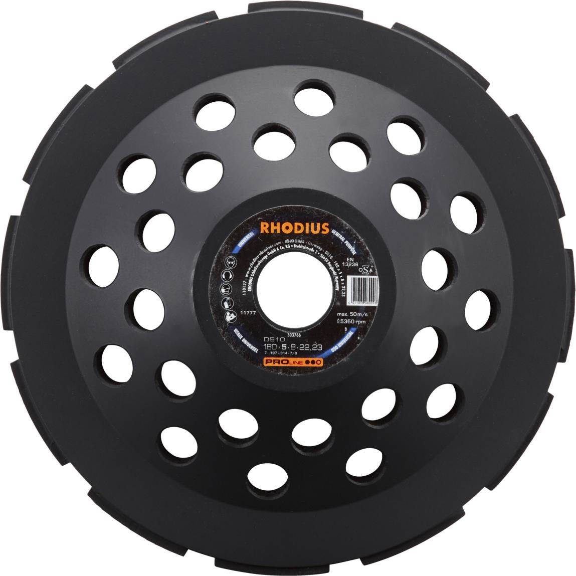 Rhodius 303766 DS10, Diamantschleiftopf 180 x 5,0 x 8,0 x 22,23 mm, Diamantschleiftopf, PROline, für Beton DS10 1St.