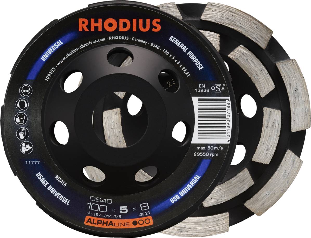 'Rhodius' Universalscheibe zum Schleifen, Modell DS40, 100 mm Durchmesser, max. 15.000 U/min, EN 13236 konform, für allgemeine Anwendungen.