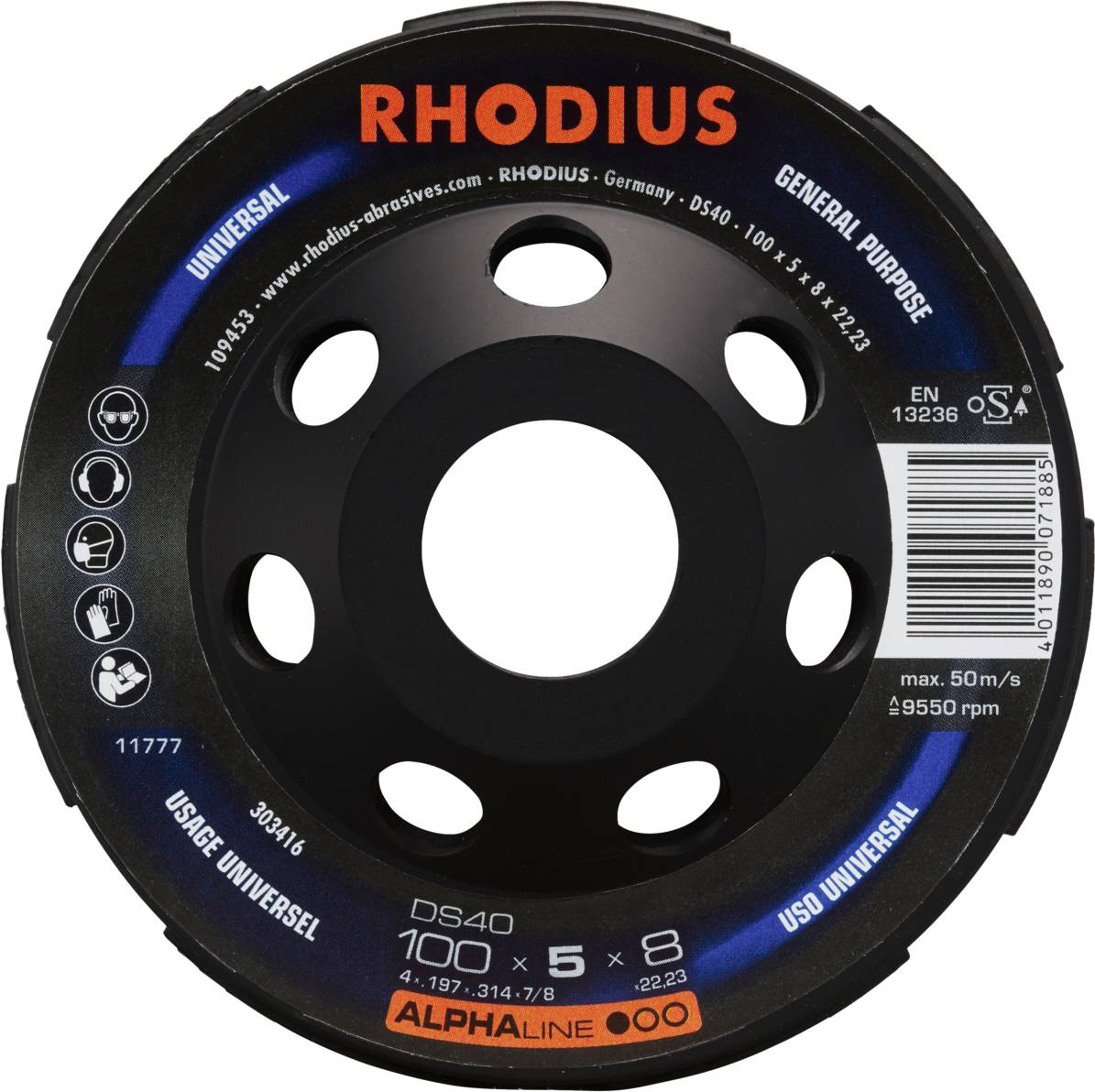 Rhodius 303416 DS40, Diamantschleiftopf 100 x 5,0 x 8,0 x 22,23 mm, Diamantschleiftopf, ALPHAline, für Beton DS40 1St.