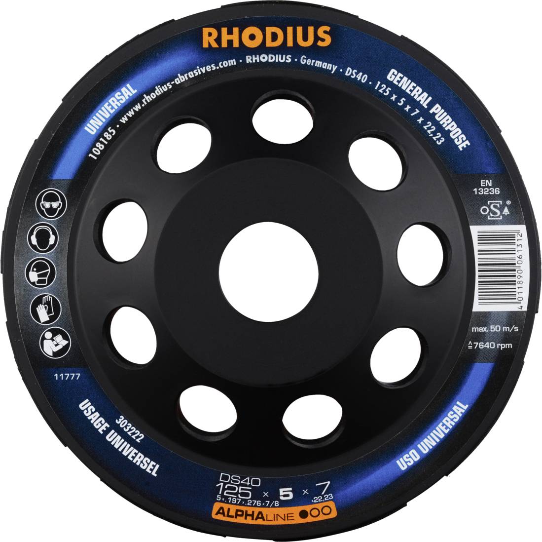 Rhodius 303222 DS40, Diamantschleiftopf 125 x 5,0 x 7,0 x 22,23 mm, Diamantschleiftopf, ALPHAline, für Beton DS40 1St.