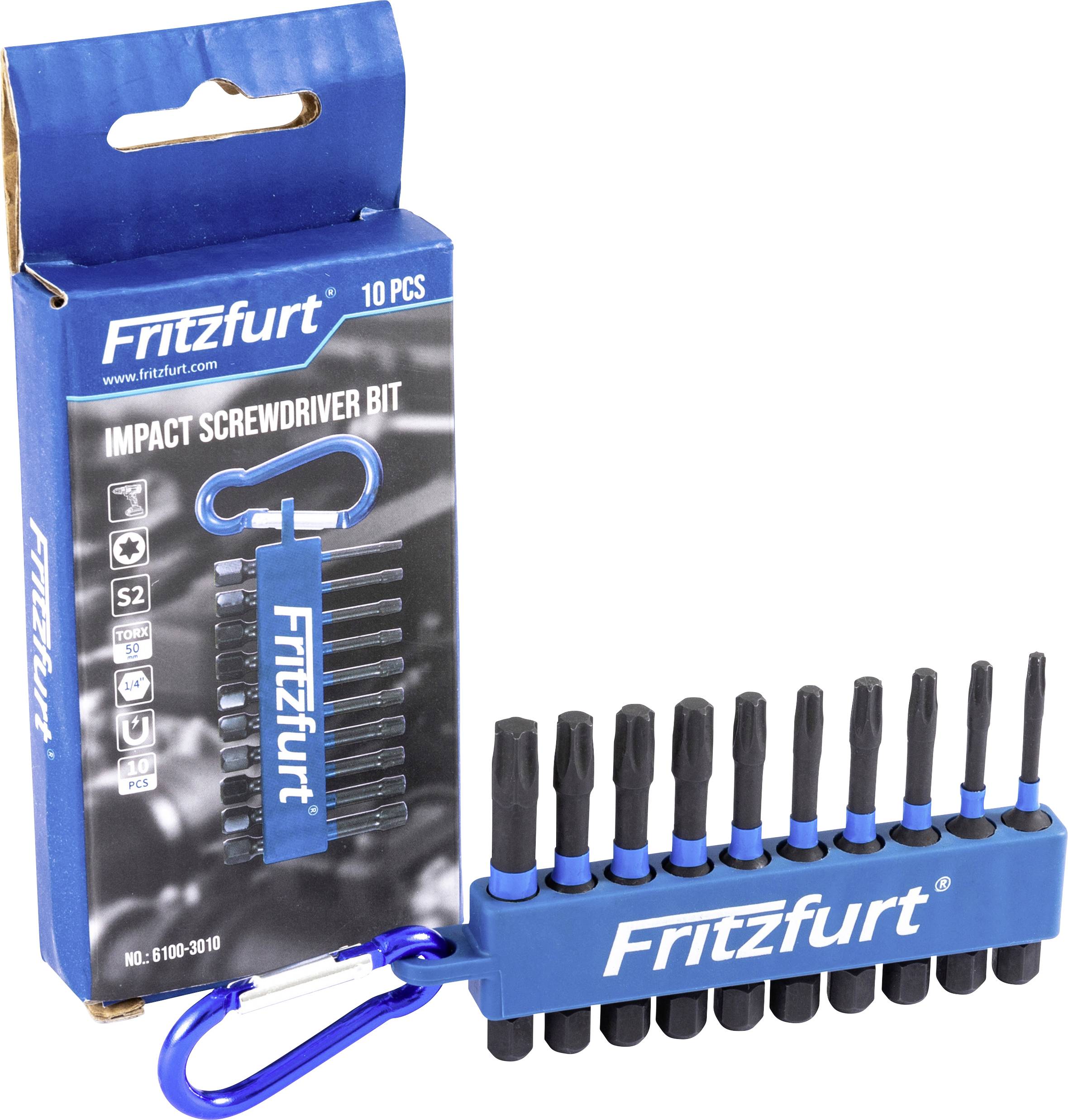 Fritzfurt Schlagschraubendreher-Bit-Set mit 10 Stück und einem blauen Karabiner, das verschiedene Bit-Typen mit Verpackung zeigt.