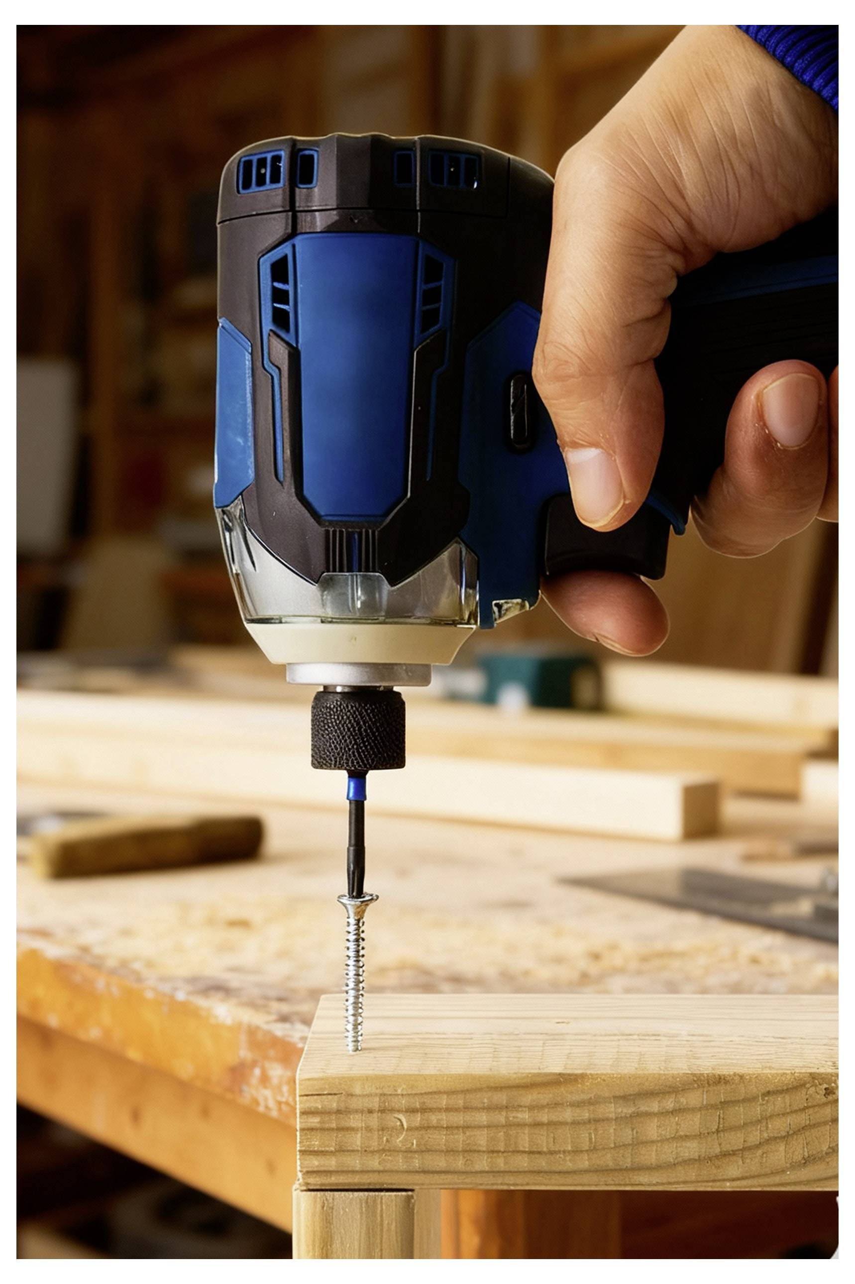 Eine Hand verwendet einen blauen und schwarzen elektrischen Schraubendreher, um eine Schraube in ein Holzbrett auf einer Werkbank in einer Werkstattumgebung zu schrauben.
