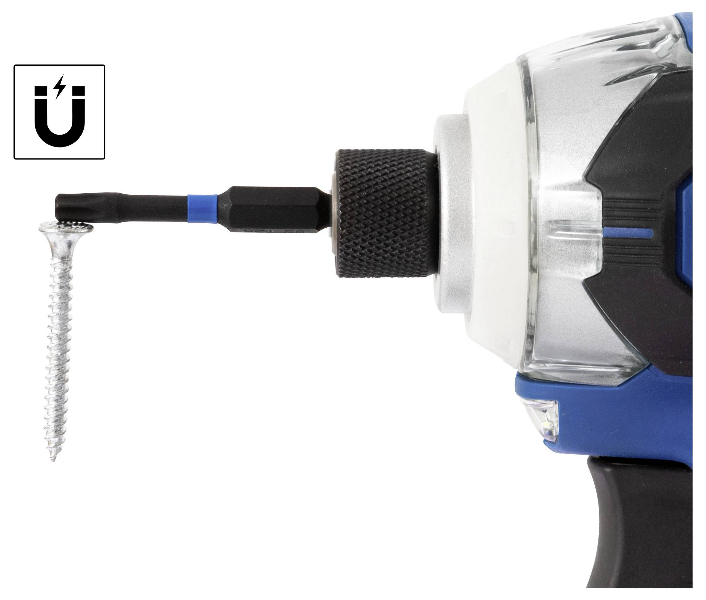 Eine Bohrmaschine mit einem magnetischen Bit, das eine silberne Schraube horizontal hält. Ein Icon mit einem Magnetensymbol ist zu sehen, das die magnetische Funktionalität anzeigt.