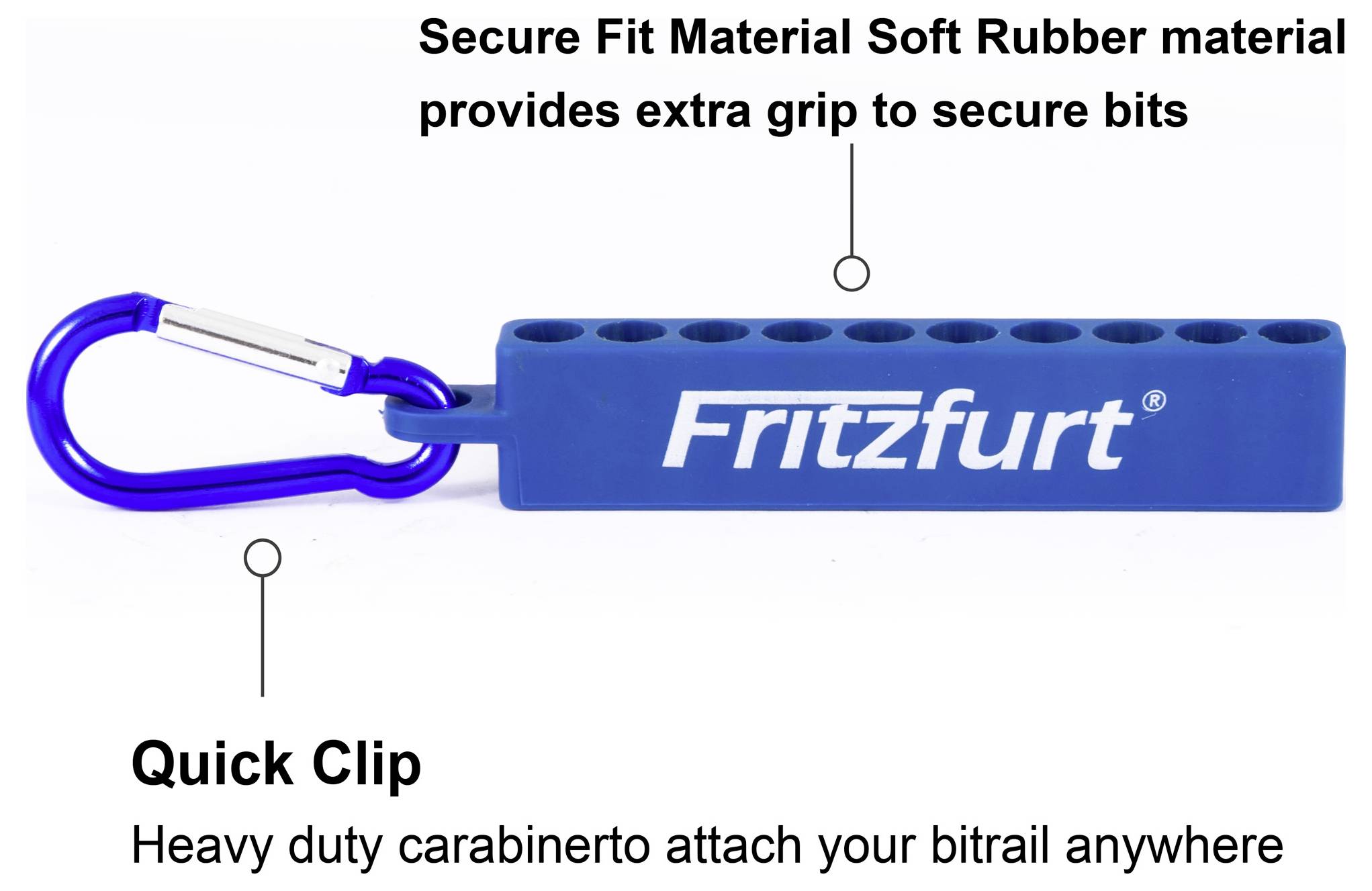 'Fritzfurt' blauer Gummi-Bithalter mit Löchern für Bits, angebracht an einem Metallkarabiner zum sicheren Transport. Texthervorhebungen: 'Sicherer Halt Material Weiches Gummi' und 'Schnell-Clip Robuster Karabiner zum Anbringen Ihres Bithalters überall.'
