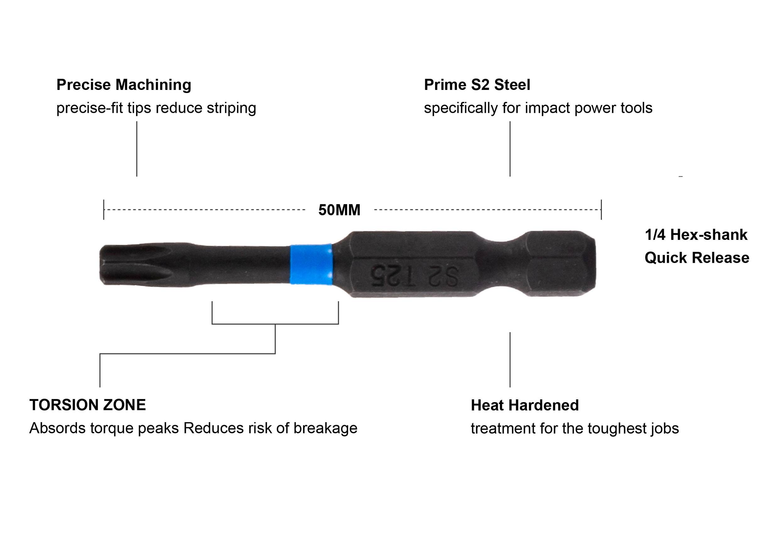 Ein langer schwarzer Werkzeug mit der Beschriftung '50MM S2 T25.' Eigenschaften umfassen präzise Bearbeitung, eine Torsionszone zur Drehmomentabsorption und Wärmehärtung.