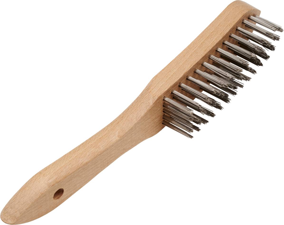 Eine Holzstahldrahtbürste. Sie hat einen langen Griff und dichte Metallborsten, nützlich zum Reinigen von harten Oberflächen.