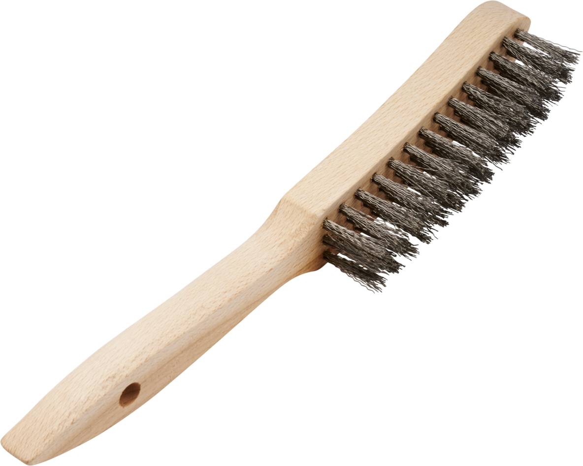 Holzgriff-Bürste mit Metallborsten, geeignet für die Reinigung von Metalloberflächen.