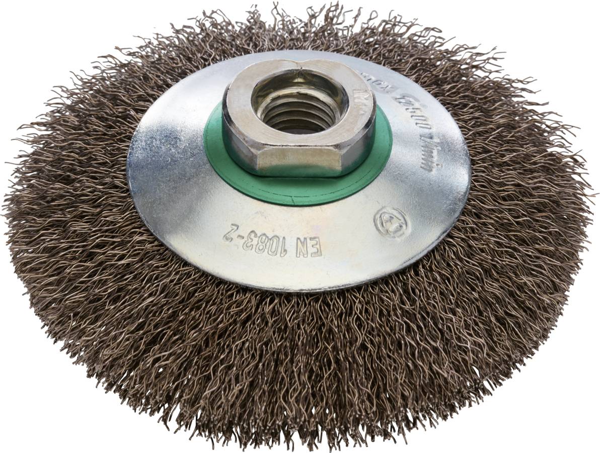 Runde Drahtbürste mit Metallhalterung und Schraubgewinde, zum Entfernen von Rost und Farbe auf Metalloberflächen geeignet.