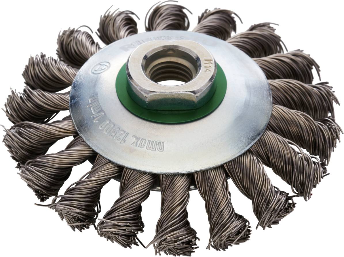 Runde Drahtbürste mit gedrehten Borsten, geeignet für Oberflächenreinigung und Rostentfernung. Metallmitte mit Schraubgewindeöffnung.