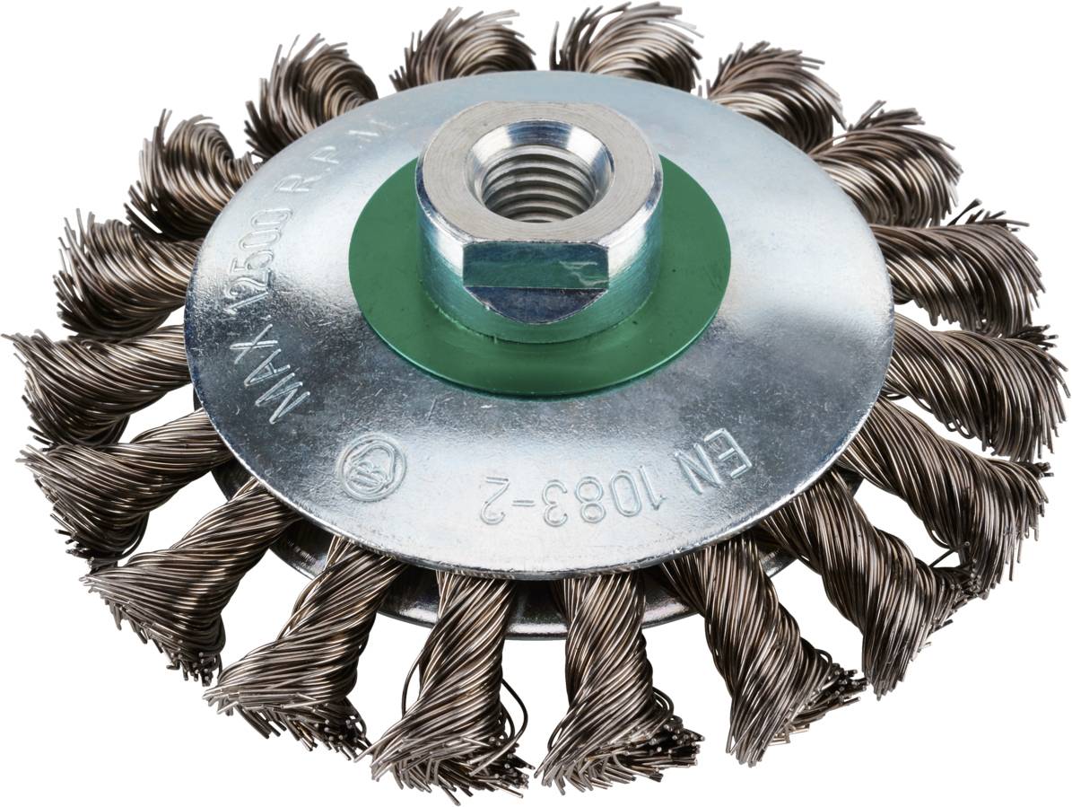 Drahtbürstenaufsatz aus Metall mit verdrehten Borsten, geeignet für Winkelschleifer zur Entrostung oder Reinigung von Oberflächen.