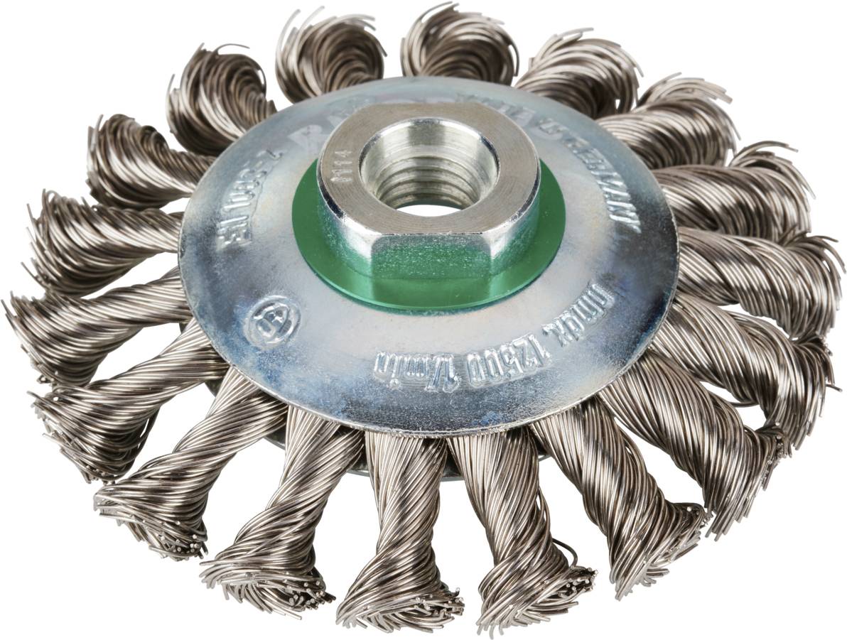 Ein Drahtbürstenaufsatz aus geflochtenem Stahl, geeignet zum Reinigen oder Entrosten von Oberflächen, mit einer zentralen Befestigungsschraube.
