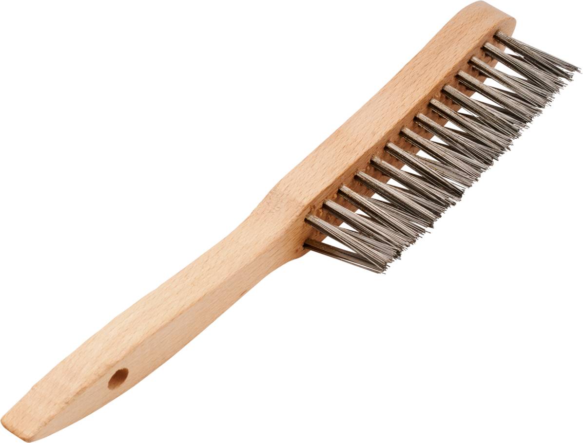 Holzgriff-Bürste mit Metallborsten, verwendet zum Reinigen von Grillrosten oder Oberflächen mit hartnäckigem Schmutz.
