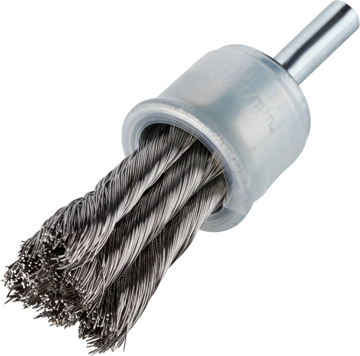 Eine Rundbürste mit Metallborsten und Kunststoffhalterung zur Befestigung an einem Bohrer, geeignet für die Reinigung von Oberflächen.