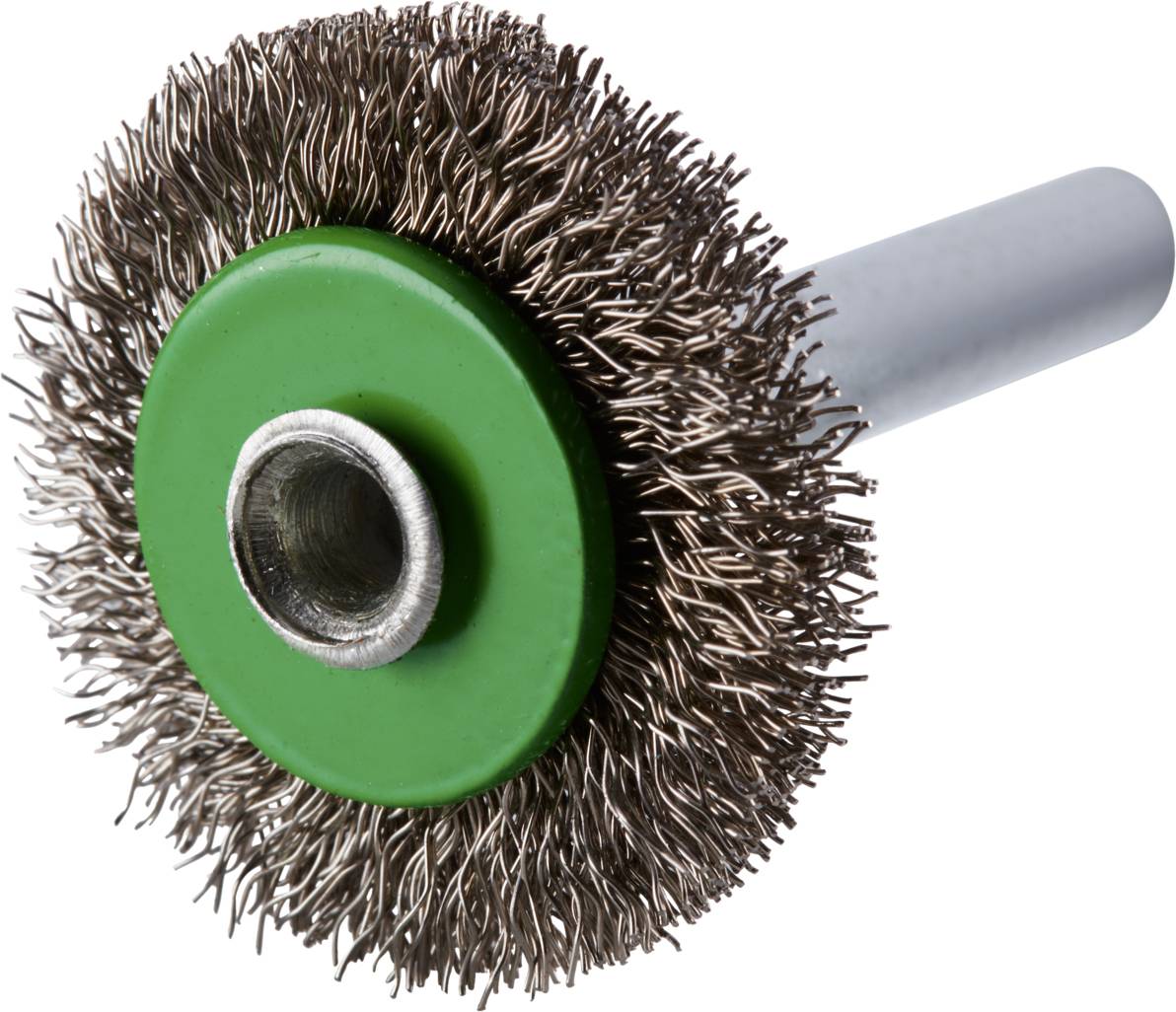 Eine runde Metallbürstenaufsatz mit grüner Mitte und silbernen Borsten, verwendet für Reinigungs- oder Schleifarbeiten.