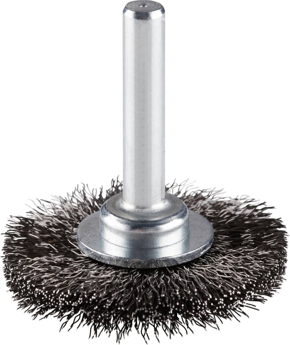 Eine runde Drahtbürste mit Metallschaft, geeignet für Reinigungs- und Polierarbeiten in der Metallbearbeitung.