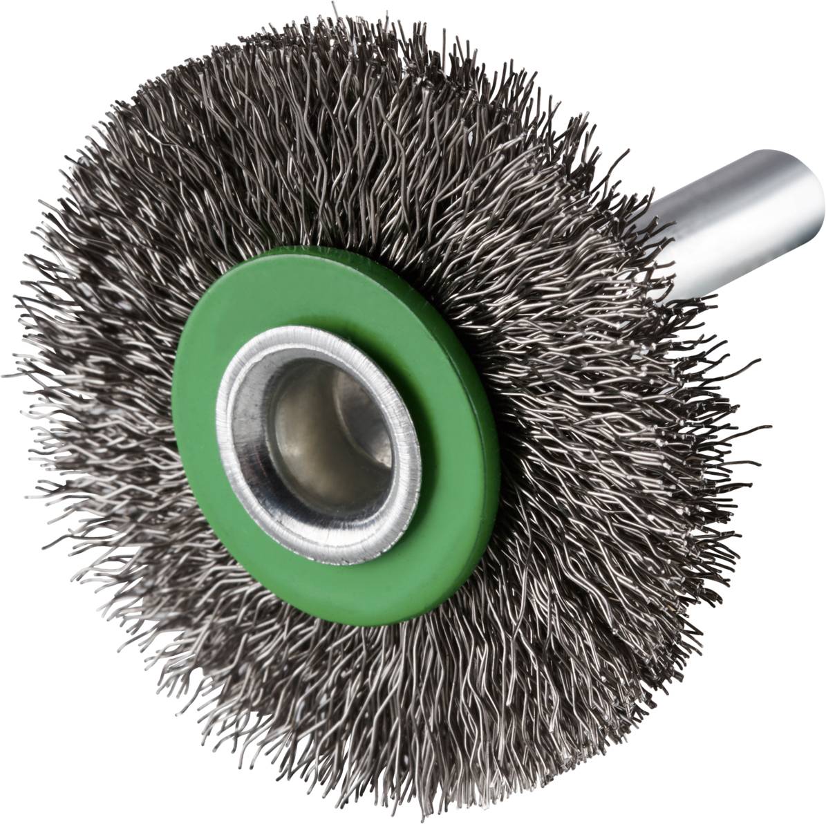 Runde Drahtbürste mit langem Metallschaft und grünem Zentrum, verwendet für Polier- oder Reinigungszwecke.