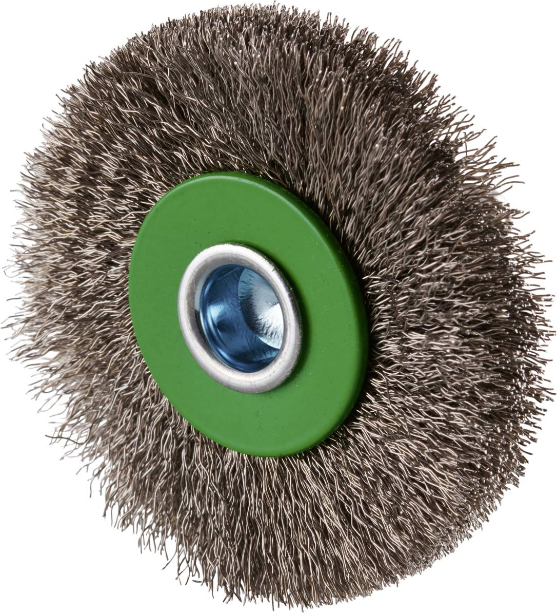 Rundbürste mit grünem Zentrum und Metallborsten, verwendet zum Schleifen oder Reinigen von Oberflächen.