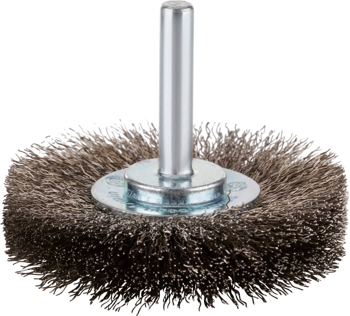 Drahtbürstenaufsatz für Bohrmaschine, bestehend aus dichten, metallischen Borsten, zur Reinigung und Rostentfernung von Oberflächen.