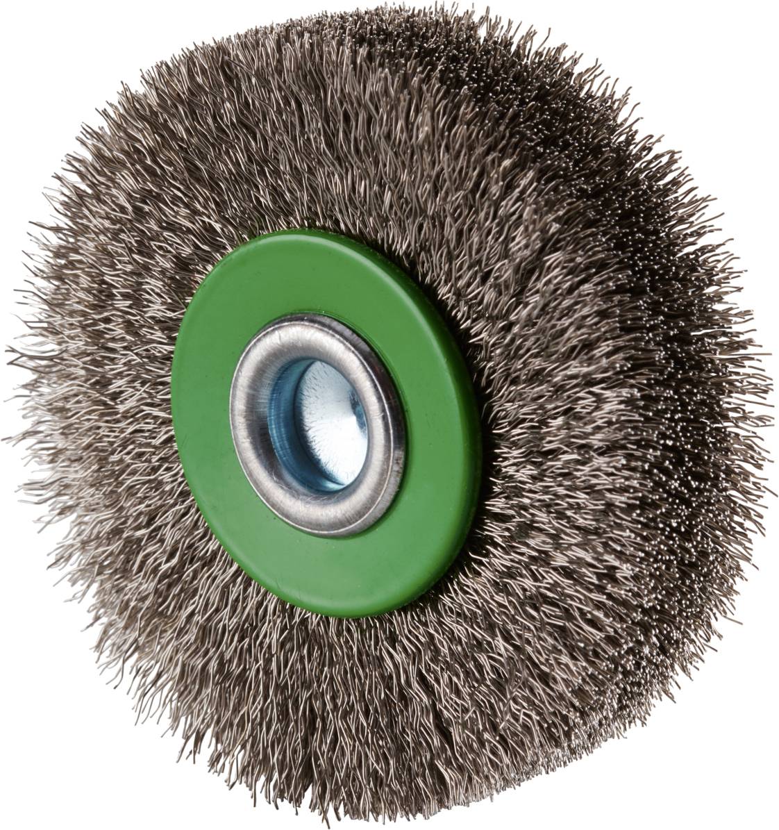 Rundbürste mit Metallborsten und grünem Zentrum, für die Reinigung oder Politur von Oberflächen geeignet.
