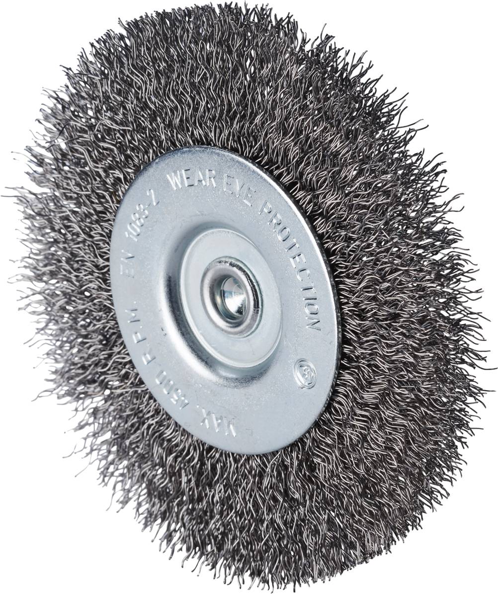 Stahlbürstenrad aus Draht mit Metallmitte, verwendet in der Metallbearbeitung zur Reinigung von Oberflächen oder Entfernen von Rost.