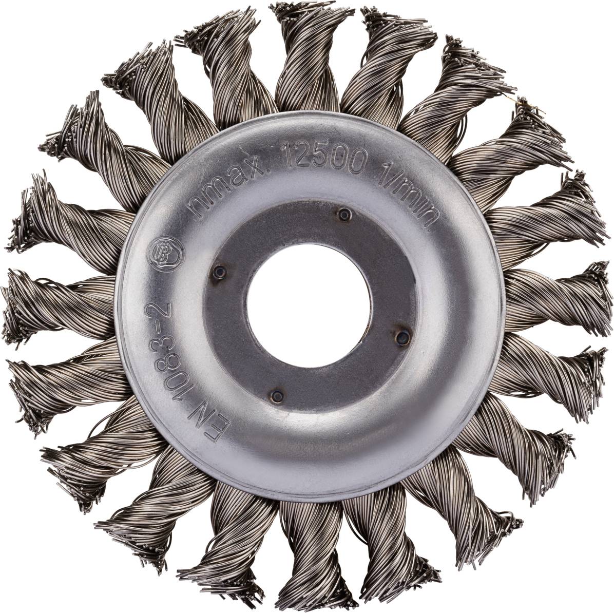 Drahtbürstenscheibe mit verdrillten Borsten, geeignet für bis zu 12.500 U/min, verwendet zur Reinigung von Metalloberflächen.