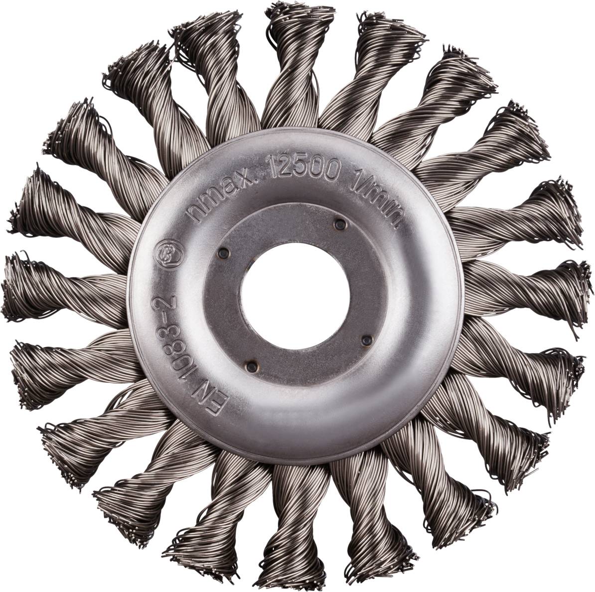 Metallbürstenscheibe mit verdrehten Borsten, geeignet für die Reinigung von Oberflächen, max. Drehzahl: 12500 U/min.