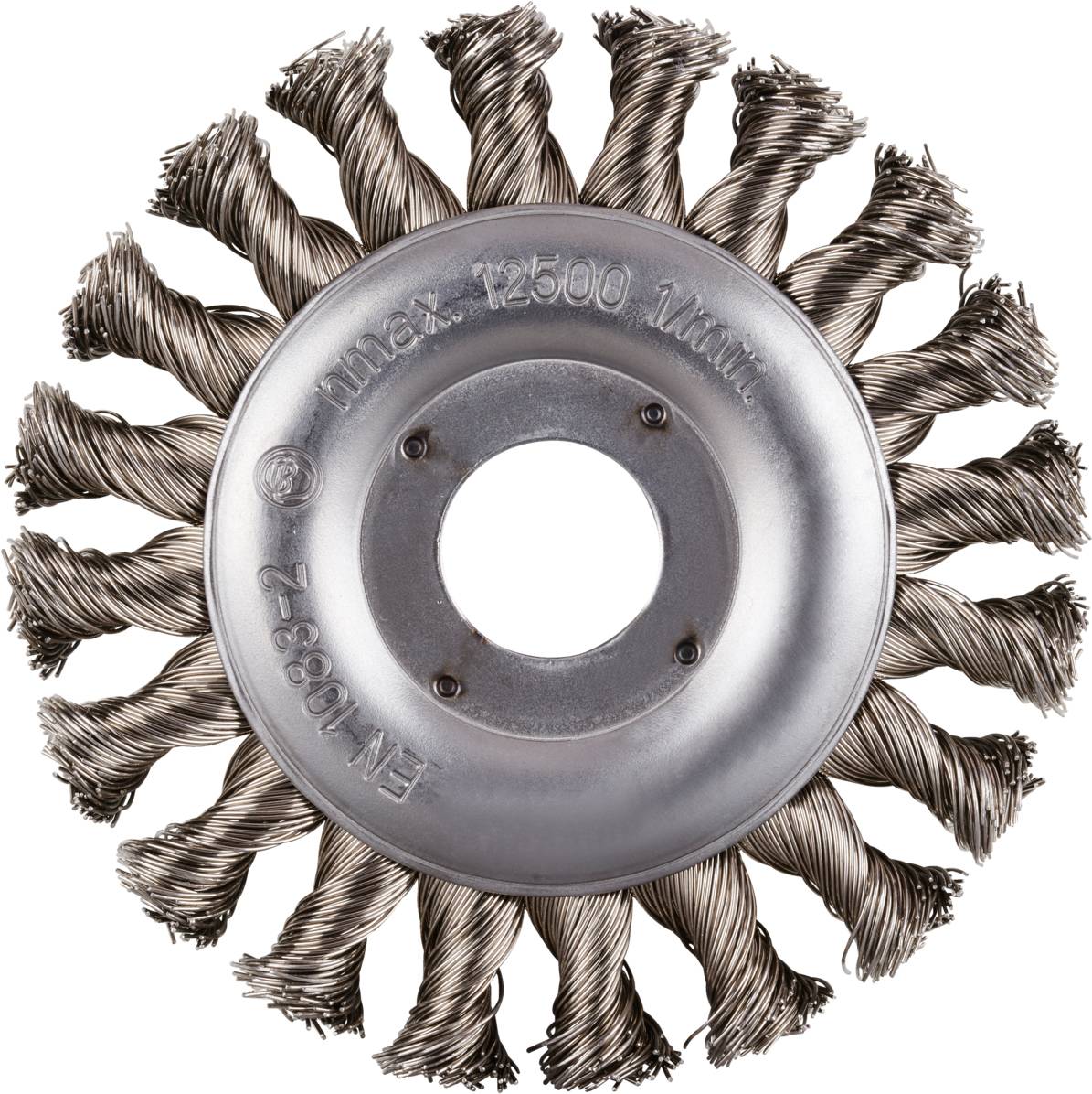 Runder Drahtbürstenaufsatz mit verdrillten Metalldrähten, geeignet zur Reinigung von Oberflächen und zur Rostentfernung.