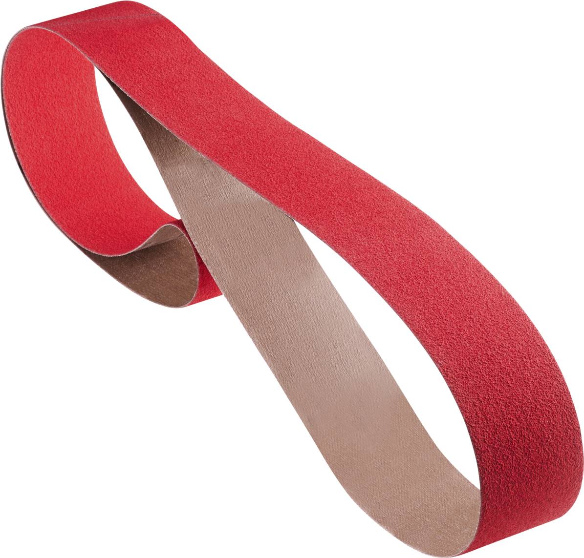 Ein rotes Möbiusband mit brauner Rückseite, das eine Schleife formt, symbolisiert Unendlichkeit und paradoxe Geometrie.