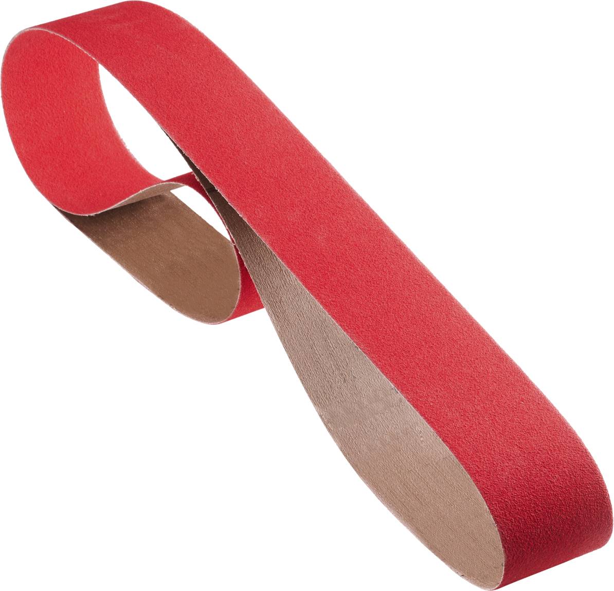 Ein rotes Schleifband mit einer verdrehten Form, das eine Möbiusschleife darstellt. Es wird oft in Maschinen zum Schleifen verwendet.