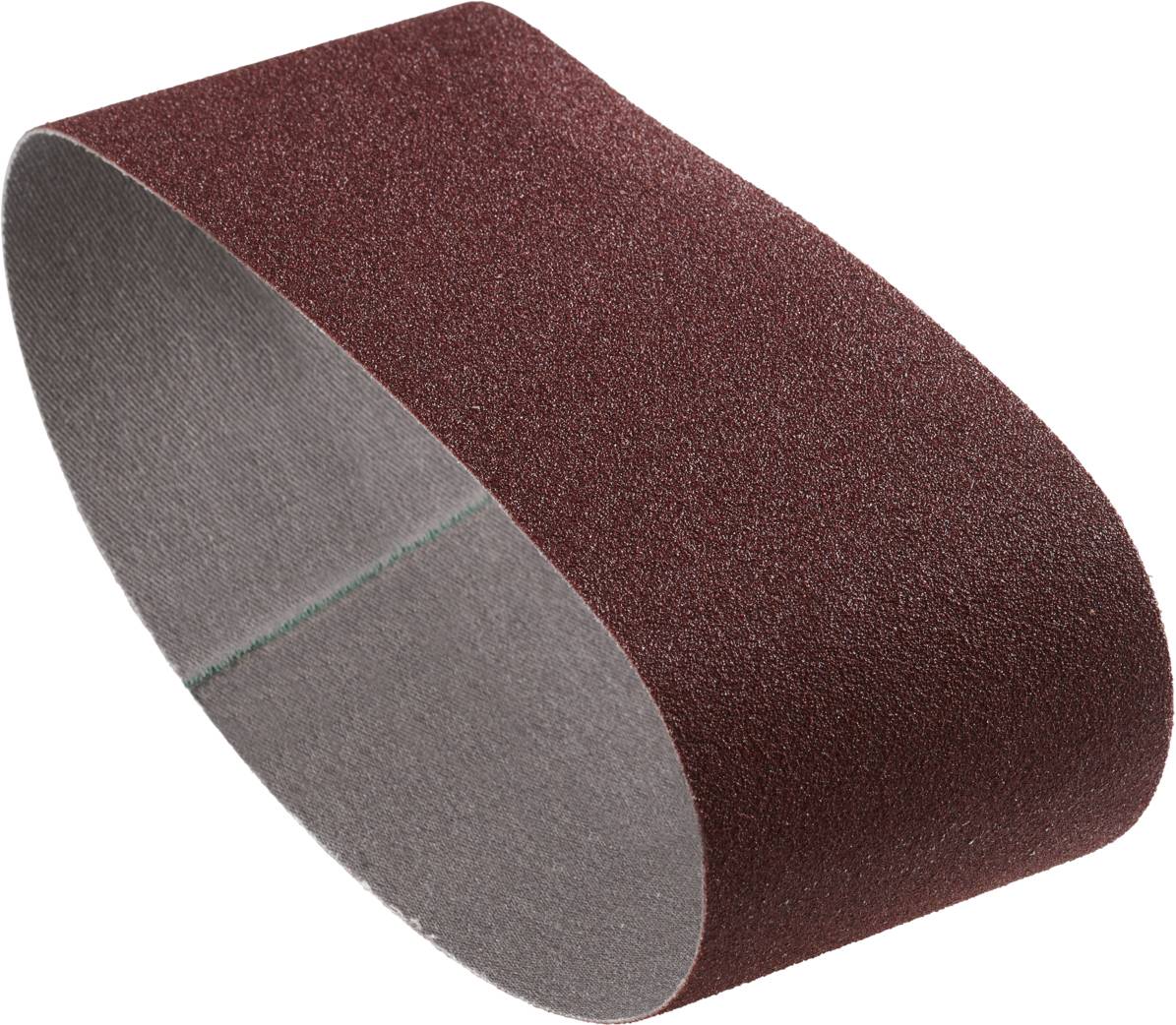 Brauner Schleifband in geschlossener, ovaler Form, geeignet für Schleifmaschinen zur Bearbeitung von Holz oder Metalloberflächen.