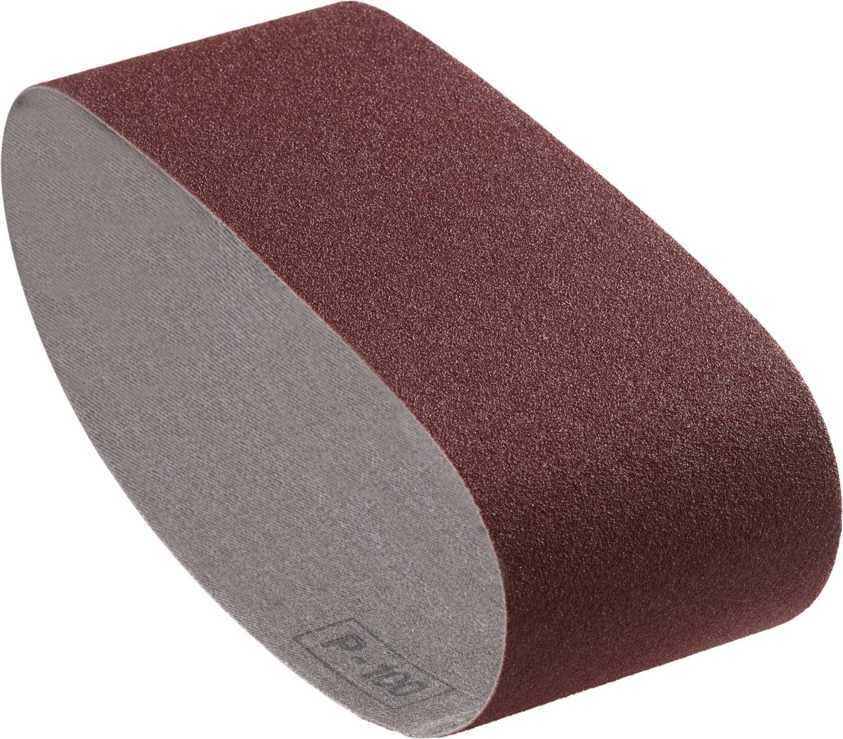 Ein Schleifband in ovaler Form, dunkelrote Schleifoberfläche, Rückseite grau, mit der Körnung 'P80' beschriftet; verwendet zum Schleifen von Oberflächen.