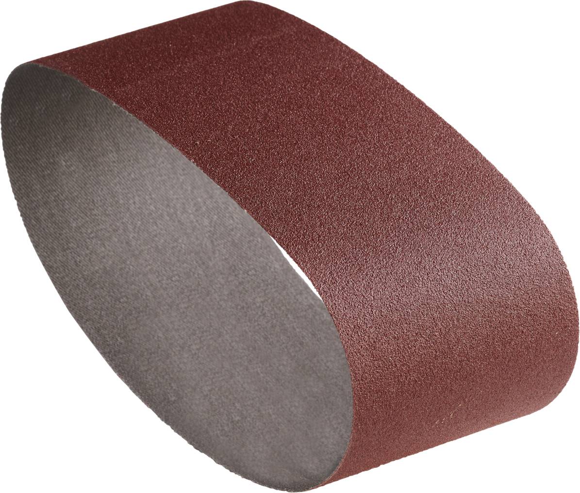 Ein braunes Schleifband in einer ovalen Form für Schleifmaschinen, meist verwendet zum Glätten von Holz- oder Metalloberflächen.