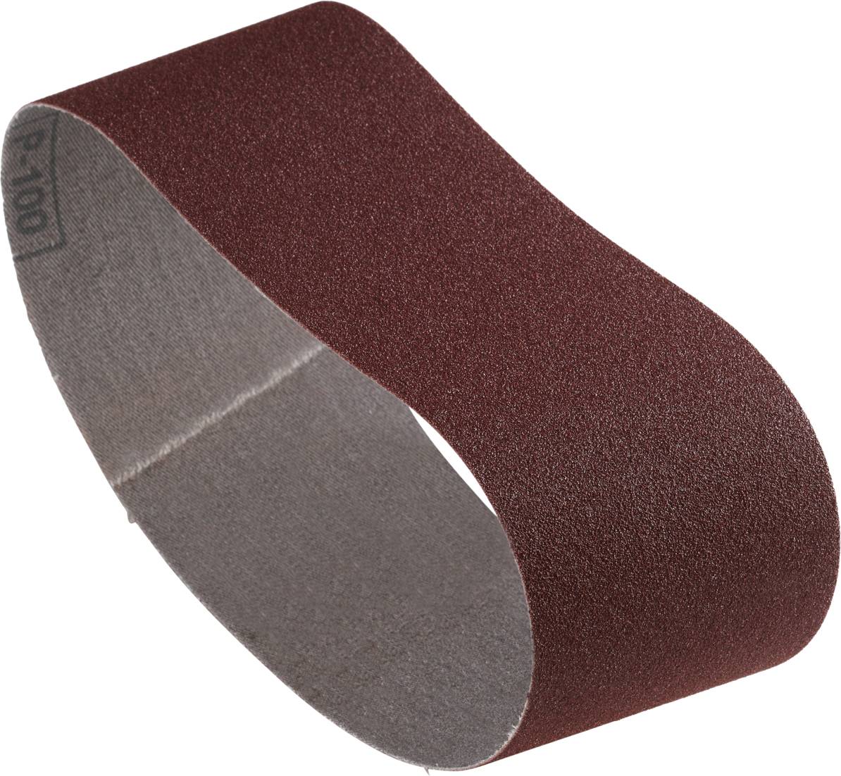 Ein Schleifband mit grober, rotbrauner Oberfläche, das für Schleifarbeiten an Materialien wie Holz oder Metall verwendet wird.