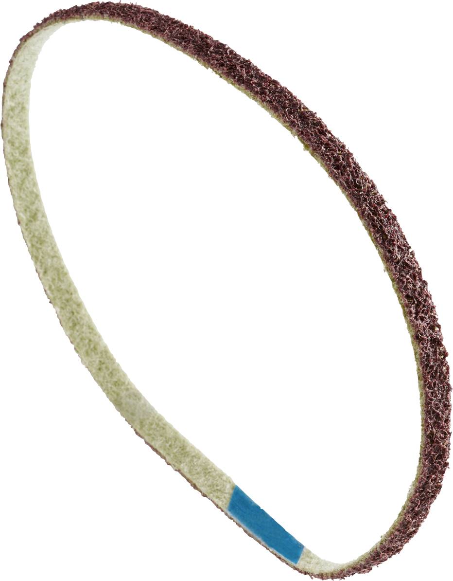 Schleifband mit braunem Schleifmaterial und einem blauen Abschnitt auf der Innenseite, vor weißem Hintergrund.