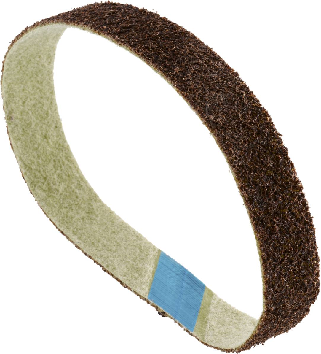 Schleifband in elliptischer Form mit grober, brauner Oberfläche und blauer Markierung, zur Verwendung in Schleifmaschinen.
