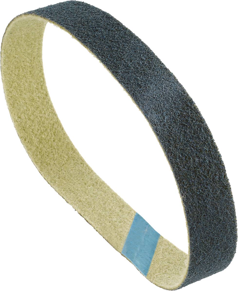 Ein Schleifband, blau und beige, in ovaler Form. Verwendet für Schleifmaschinen zur Oberflächenbearbeitung von Materialien.
