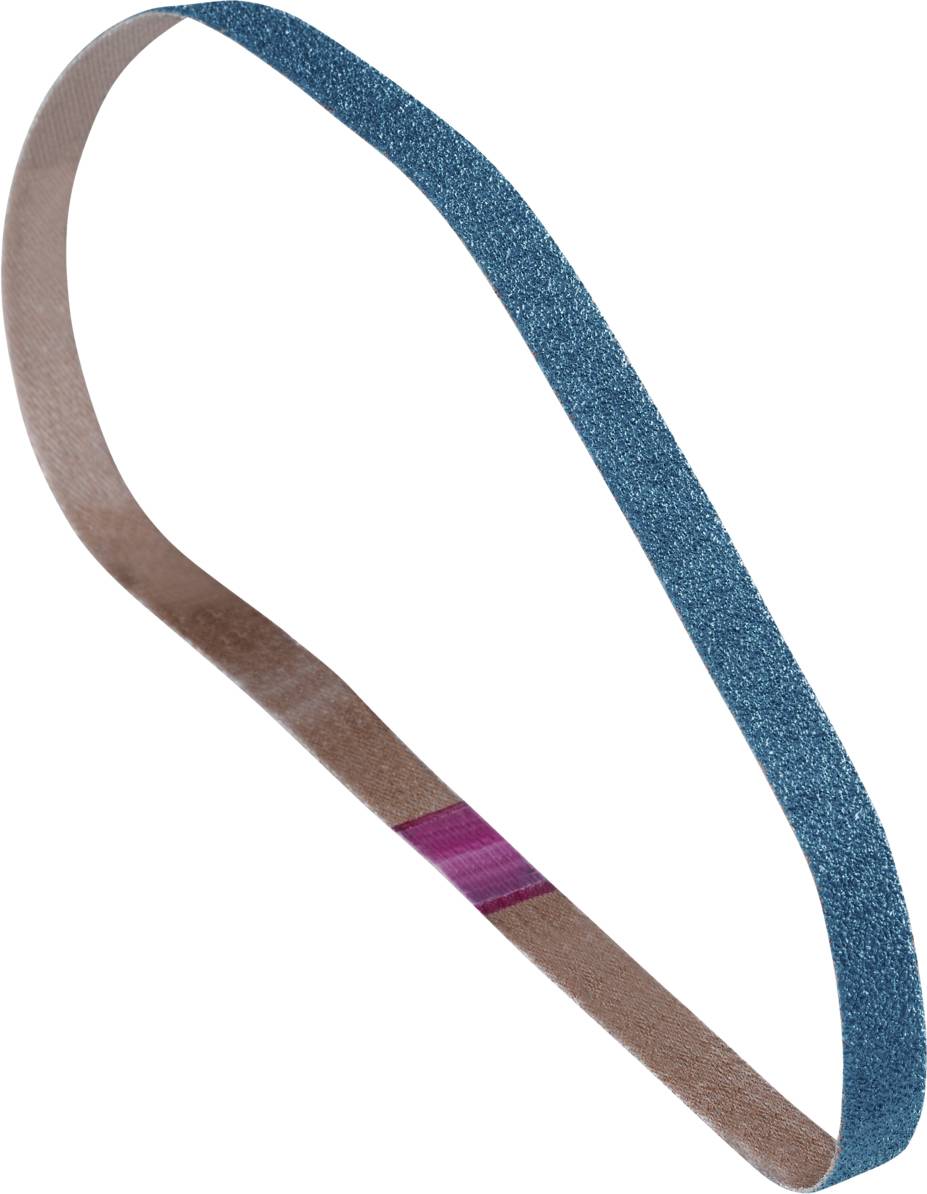 Schleifband in Blau und Braun mit lilafarbenem Akzent, geeignet für Schleifarbeiten, in einer ovalen Schleifenform.