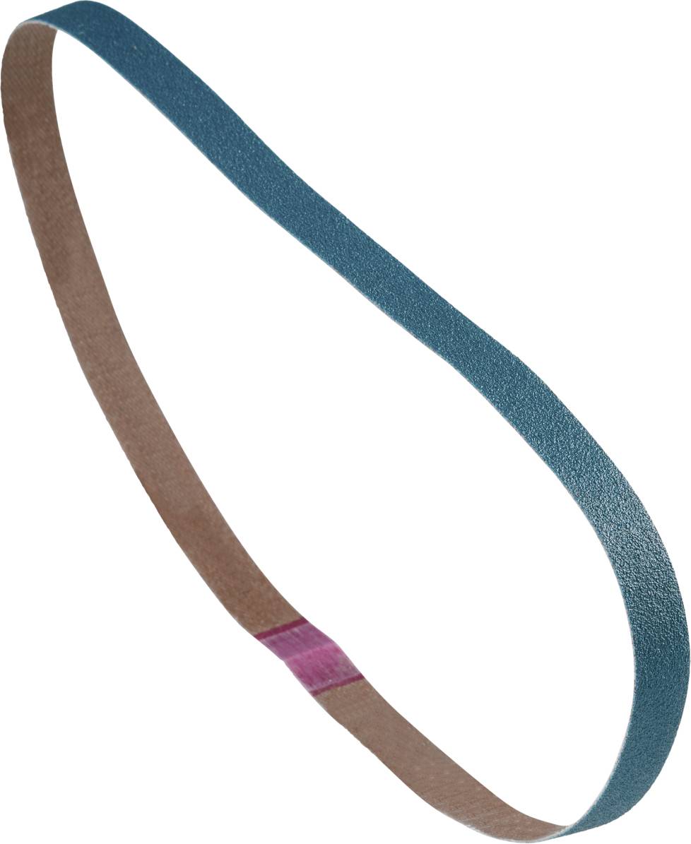 Ein Schleifband mit brauner und blauer Farbgebung, wobei der blaue Teil strukturierter wirkt. Verwendet zum Schleifen von Materialien.
