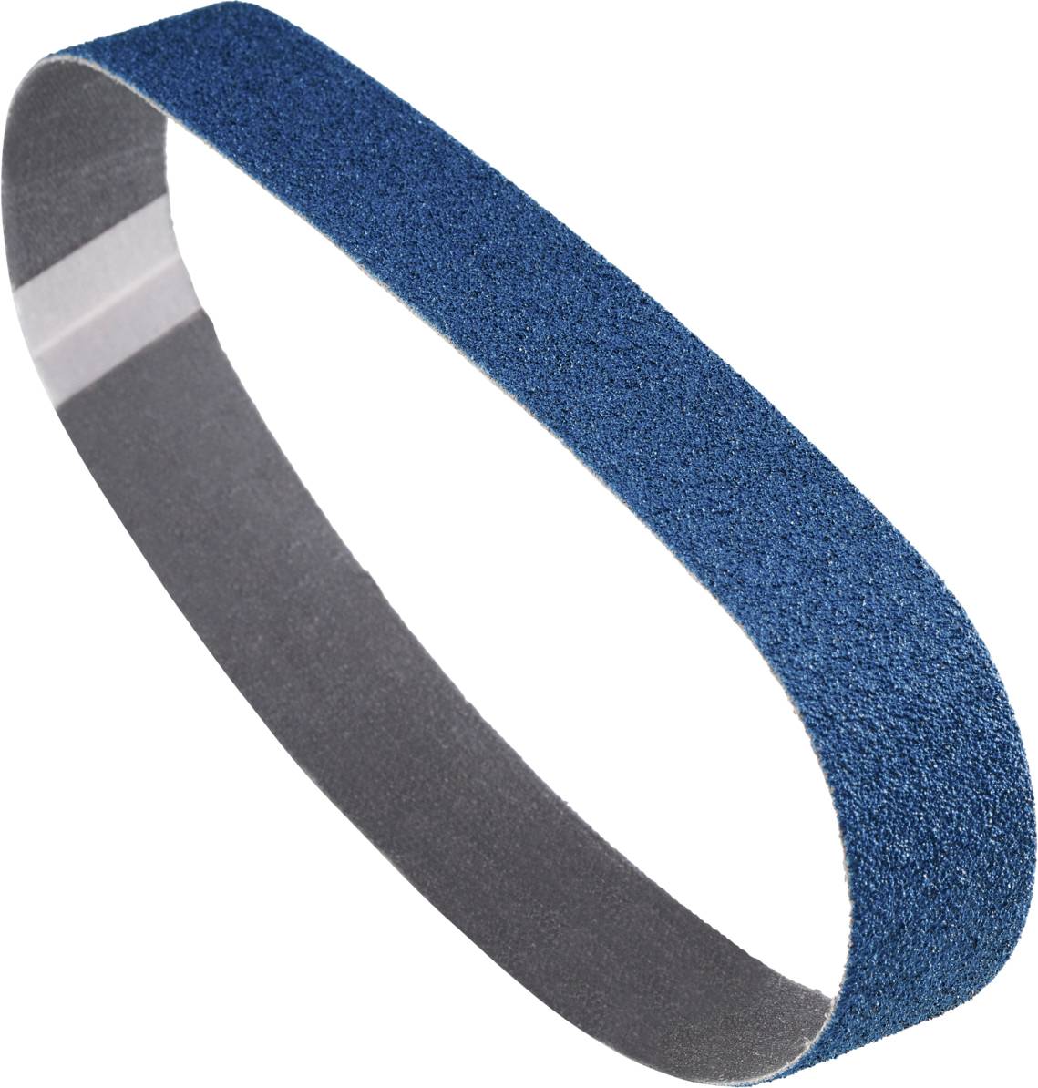 Ein blaues Schleifband in ovaler Form mit grober Körnung, verwendet für Oberflächenbearbeitung oder Materialabtrag.