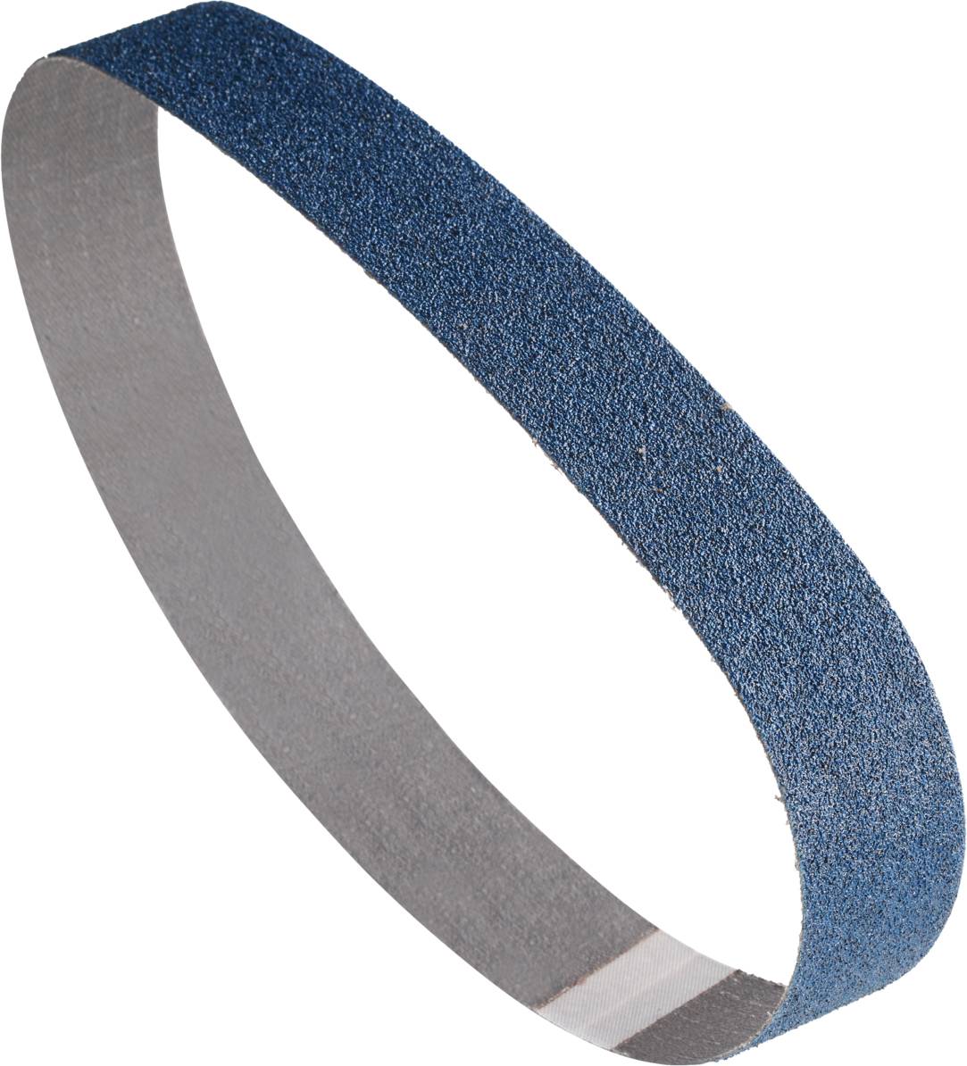 Ein blaues Schleifband in Form eines geschlossenen Rings, verwendet zum Schleifen von Materialien in Maschinen.