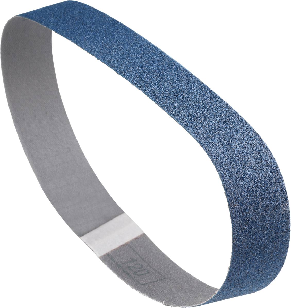 Ein blaues Schleifband mit grauer Rückseite, das in einer ovalen Form gebogen ist. Es wird für Schleifarbeiten verwendet.