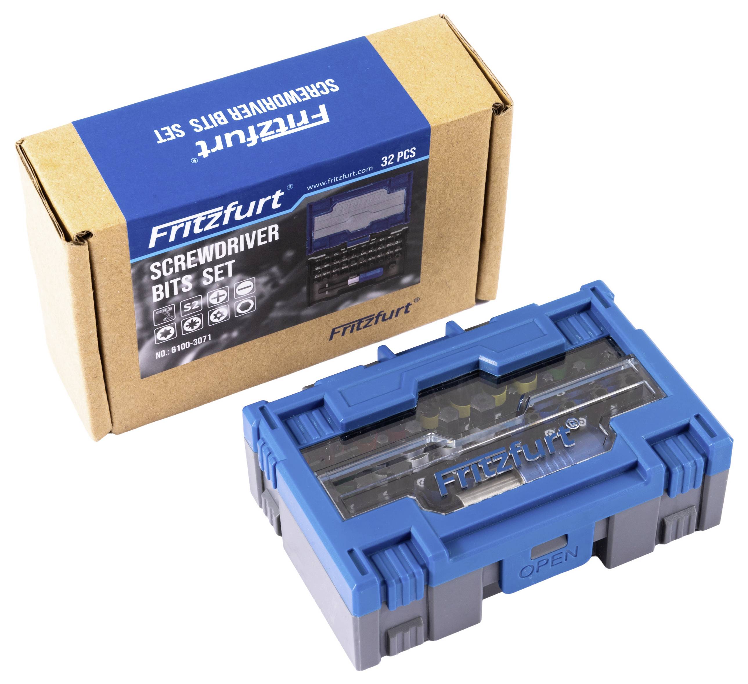 Ein 32-teiliger Schraubendrehen-Bitssatz in einer beschrifteten Kartonbox, mit einer blauen Kunststoffbox, die verschiedene Bits im Inneren zeigt.